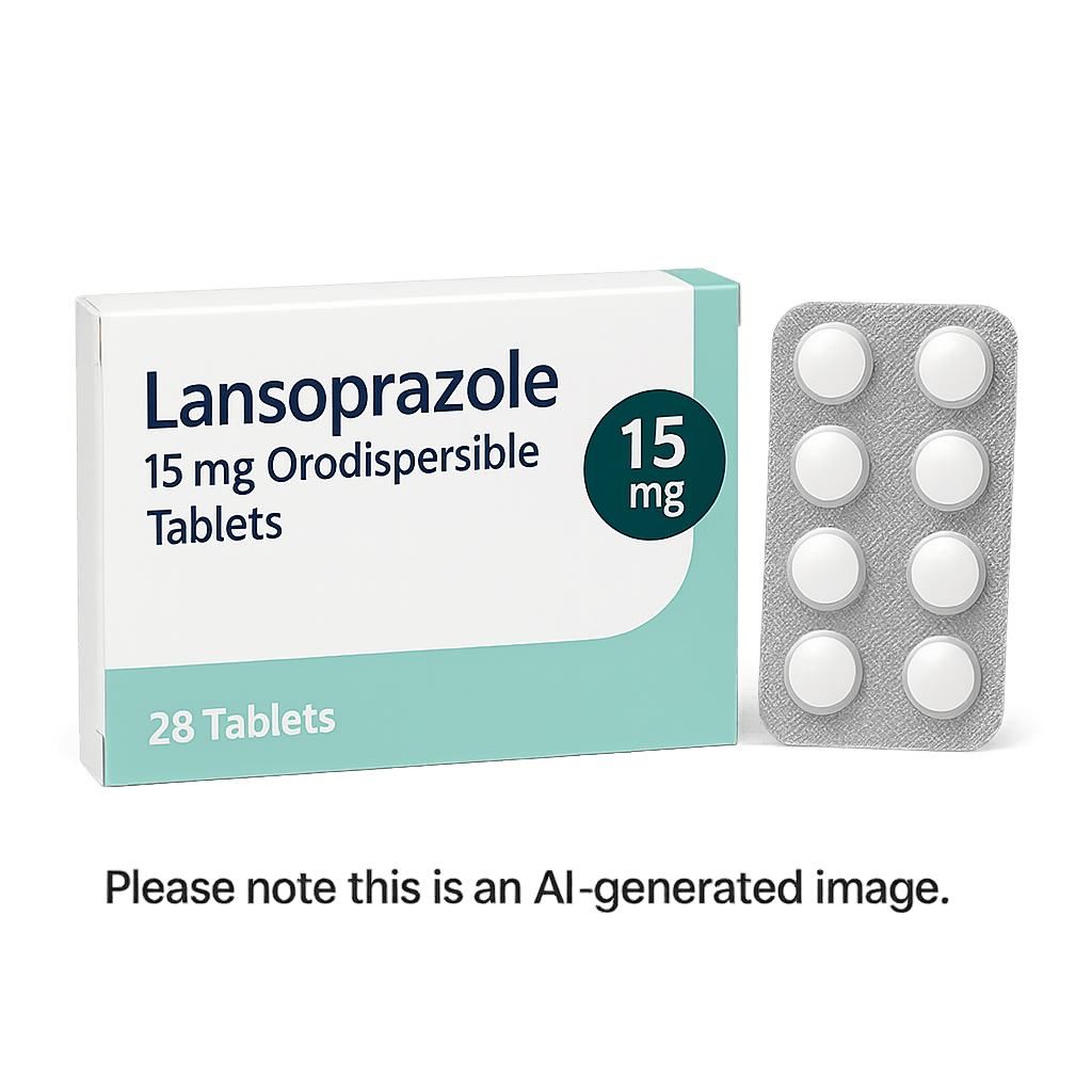 Box of Lansoprazole 15 mg Orodispersible Tablets used for acid reflux