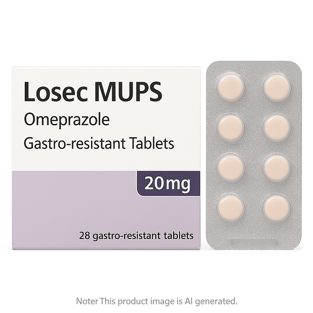 Box of Losec MUPS omeprazole tablets for acid reflux treatment