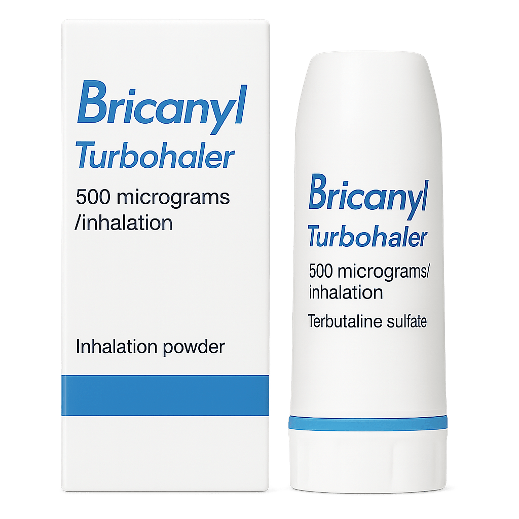 Box of Bricanyl Turbohaler used for asthma symptom relief